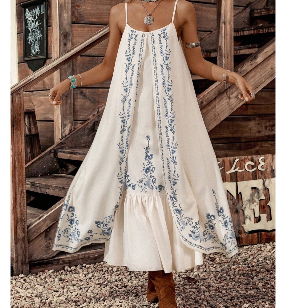 Bohemian Blue and Cream Maxi Dress